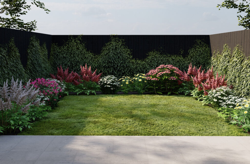 A model of a small garden showing that addition of flower border around a lawn perimeter makes the garden more interesting but the garden's boundary is still obvious