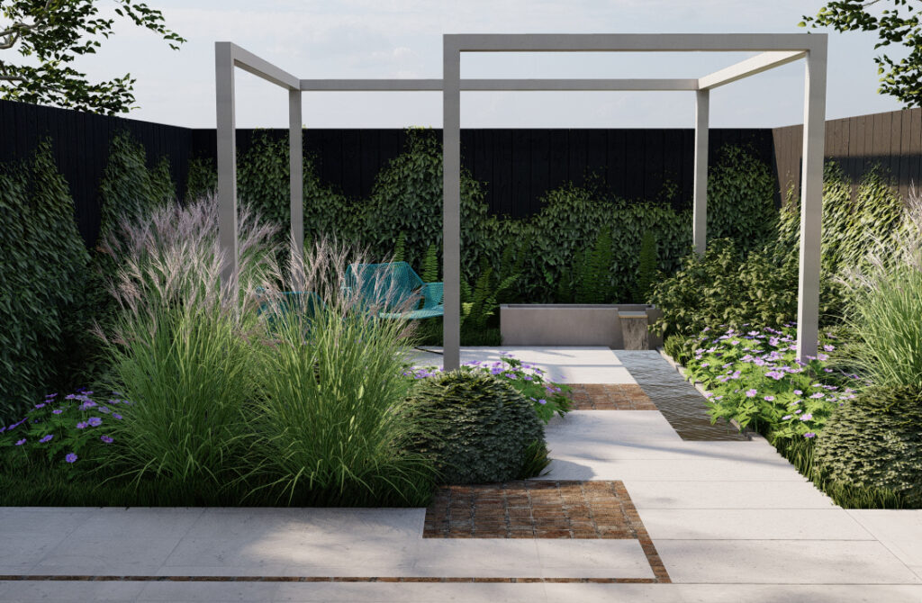 An example of modern design without a lawn for a small garden presents that even in confined space it is possible to make the viewer less aware where the garden ends.