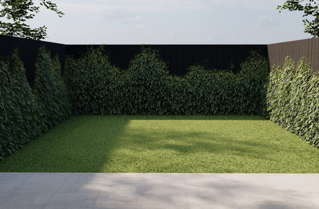 A model of a small garden with a lawn showing that in empty garden the fence and the small size of the garden are very obvious